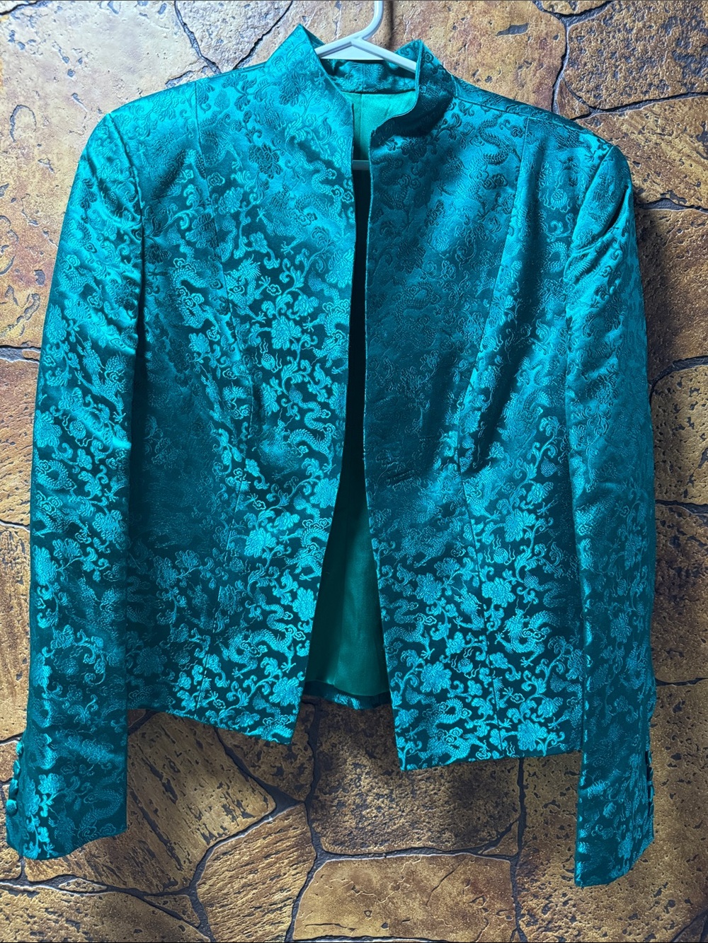 Teal Brocade Stand-Collar Open Blazer P2P 18” Length 22”